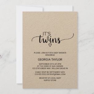 Convites Chá de fraldas Rustic Kraft Calliografia Gêmeos