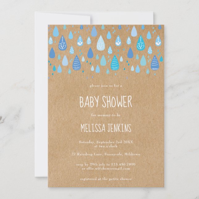 Convites Chá de fraldas Rustic Kraft Cute Blue Raindrops Bo (Frente)