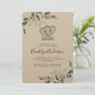 Convites Chá de fraldas Rustic Kraft Elephant Eucalyptus