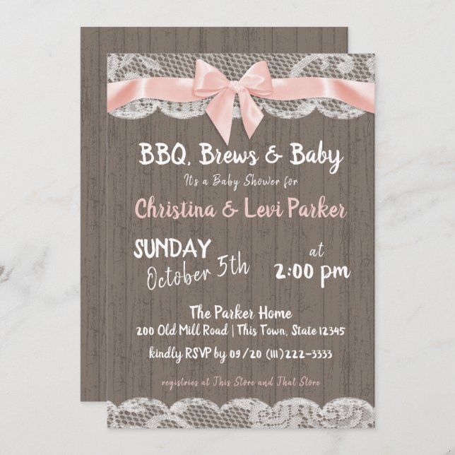 Convites Chá de fraldas Rustic Lace and Wood (Frente/Verso)