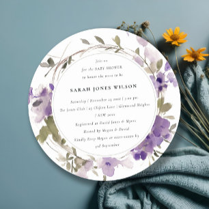 Convites Chá de fraldas Rustic Meadow Lilac Floral Wreath