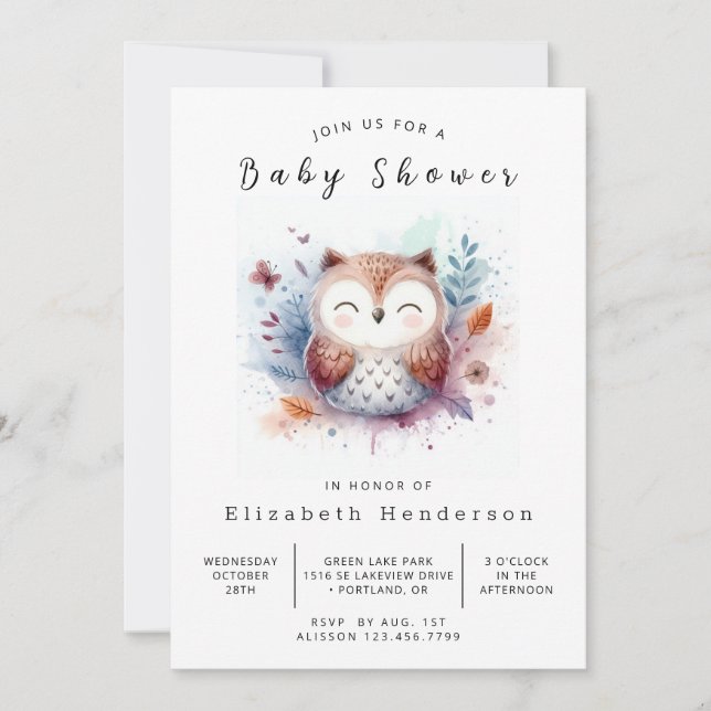 Convites Chá de fraldas Rustic Printable Owl (Frente)
