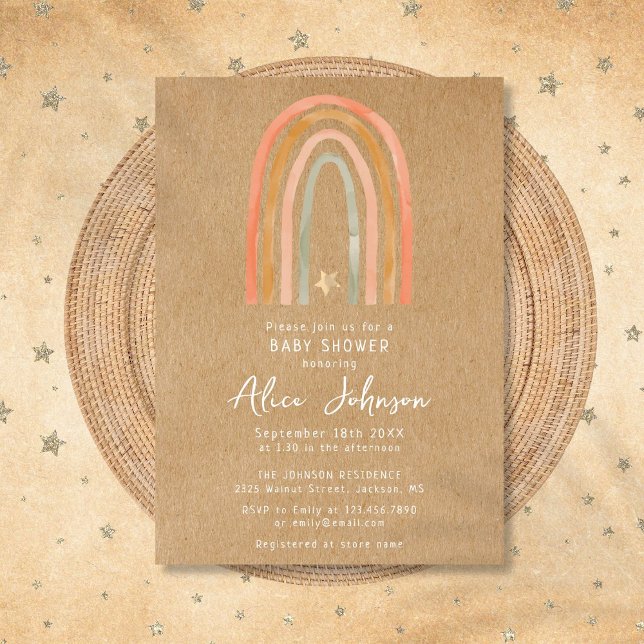 Convites Chá de fraldas Rustic Rainbow E Star Boho (Rustic Rainbow And Star Boho Baby Shower Invitation)