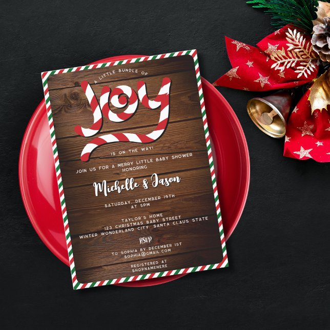 Convites Chá de fraldas Rustic Red Christmas Candy Cane Joy (Criador carregado)