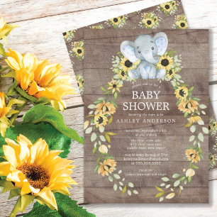 Convites Chá de fraldas Rustic Sunflower & Baby Elephant Bo