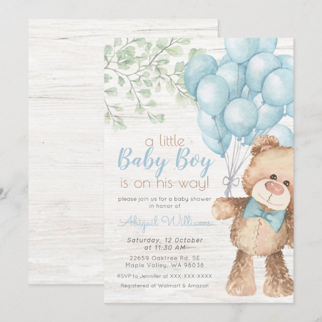 Convites Chá de fraldas Rustic Watercolor Blue Bear Boy (Frente/Verso)