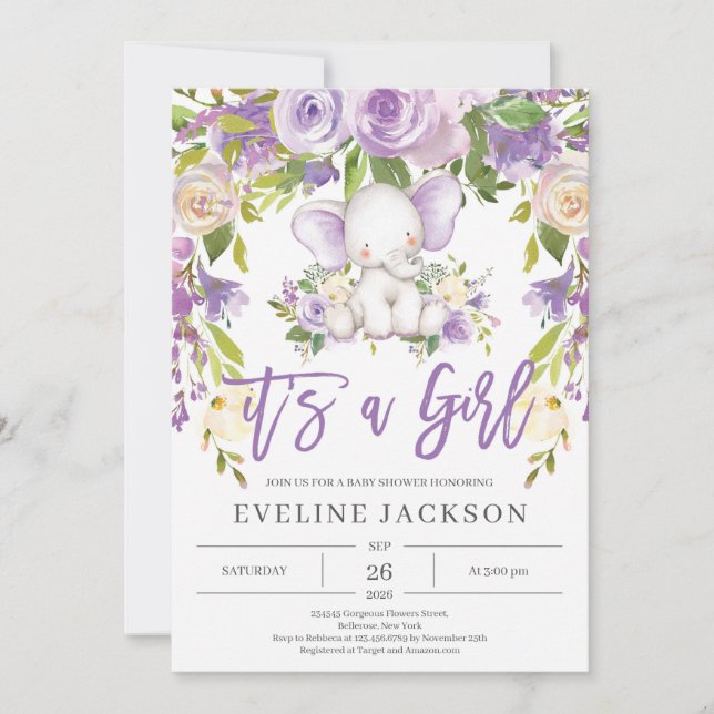 Convites Chá de fraldas rústico de elefante roxo e bonito (Frente)