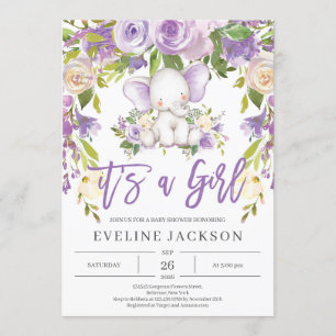 Convites Chá de fraldas rústico de elefante roxo e bonito