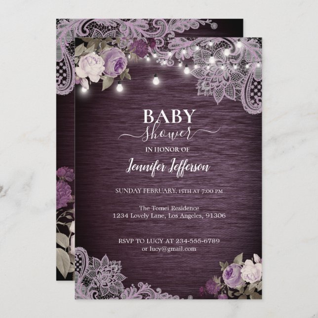 Convites Chá de fraldas Rústico Floral Roxo (Frente/Verso)