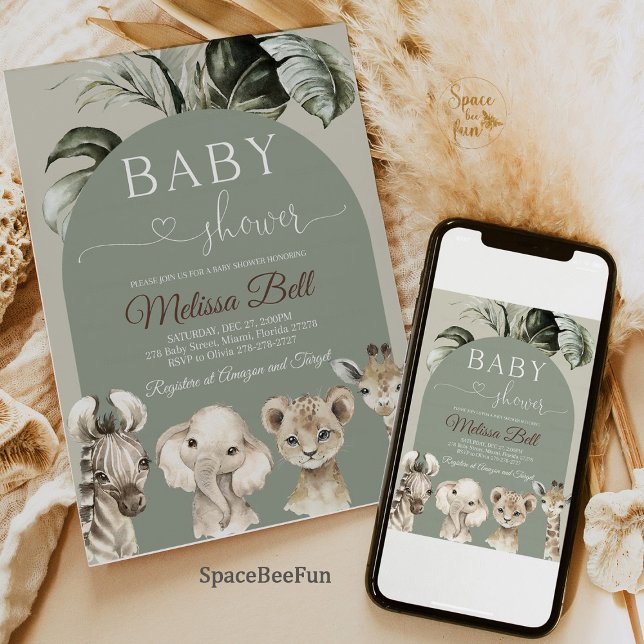 Convites Chá de fraldas Safari (Safari Baby Shower Invitation, Jungle Theme Baby Shower Invite, Boho Sage Baby Shower Invitation, Yo)