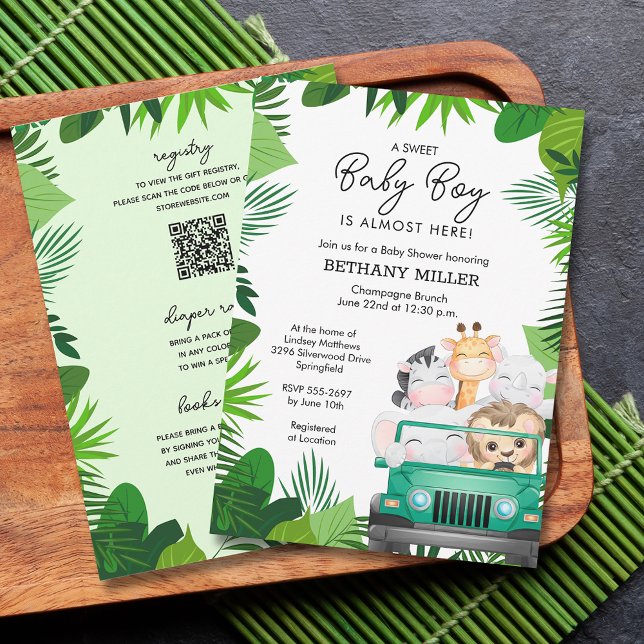 Convites Chá de fraldas Safari Animal Da Selva Em Um Único (Jungle animal safari boy baby shower all in one invitations - PRINTED and or INSTANT DOWNLOAD)