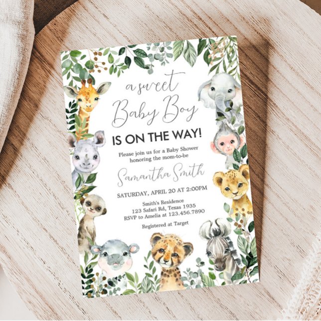 Convites Chá de fraldas Safari, bebê doce (Greenery Safari Animals Baby Shower Invitation )