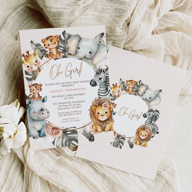 Convites Chá de fraldas Safari de Folhagem Floral Boho Blus (Girls safari baby shower invitation featuring various jungle animals surrounding a circle frame.)