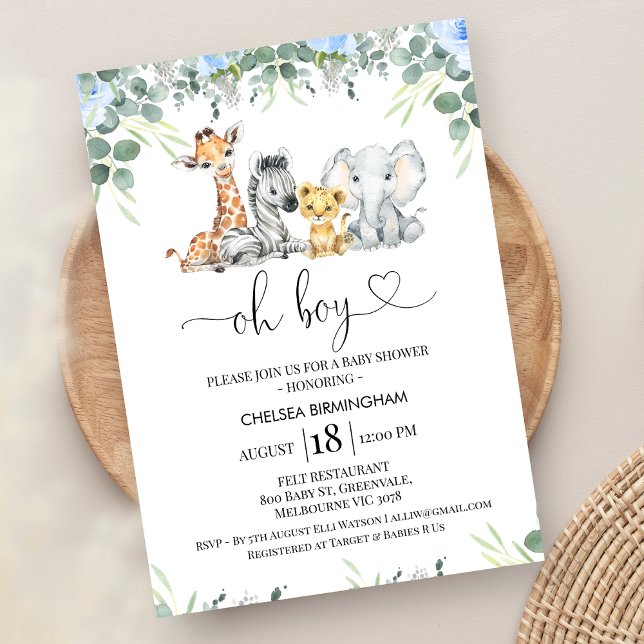 Convites Chá de fraldas Safari Floral Azul de Folhagem Mode (Blue Floral Boys Safari Baby Shower Invitation, Oh Boy Heart, Editable Boy Safari Baby Shower Invite)