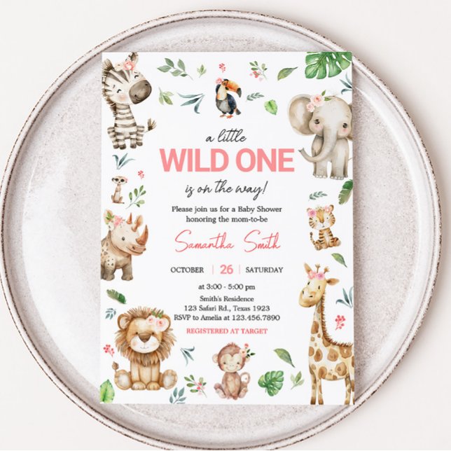 Convites Chá de fraldas Safari Selvagem (Floral Wild One Safari Animals Baby Shower Invitation)