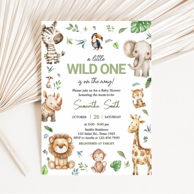 Convites Chá de fraldas Safari Selvagem (Little Wild One Safari Animals Baby Shower Invitation)