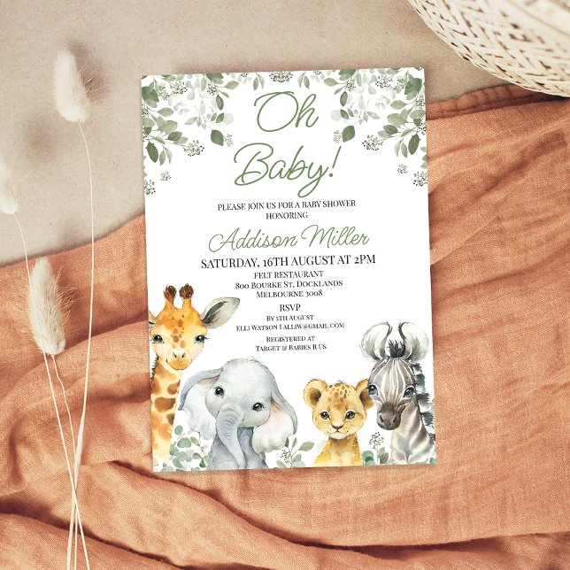 Convites Chá de fraldas Safari Verde Moderno (Greenery Safari Baby Shower Invitation, Foliage Safari Baby Shower Invitation, Jungle Themed)