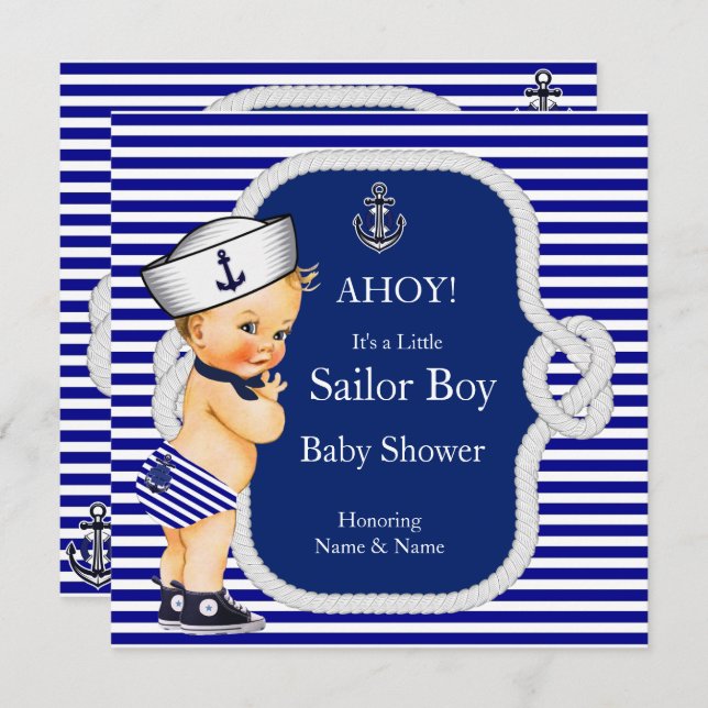 Convites Chá de fraldas Sailor Boy Blue Stripe Blonde (Frente/Verso)