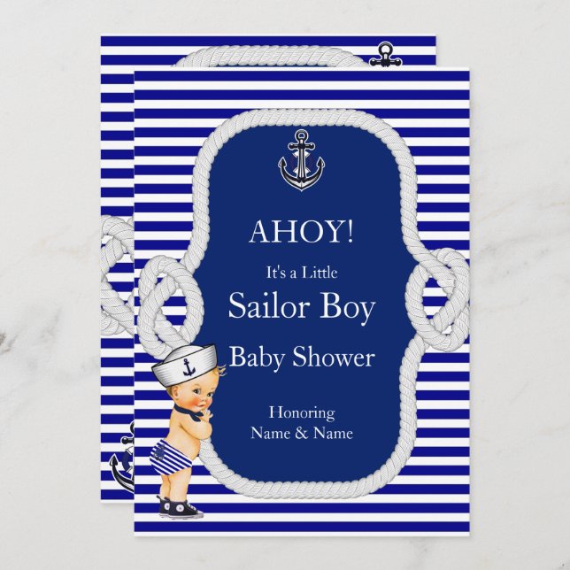 Convites Chá de fraldas Sailor Boy Blue Stripe Blonde (Frente/Verso)