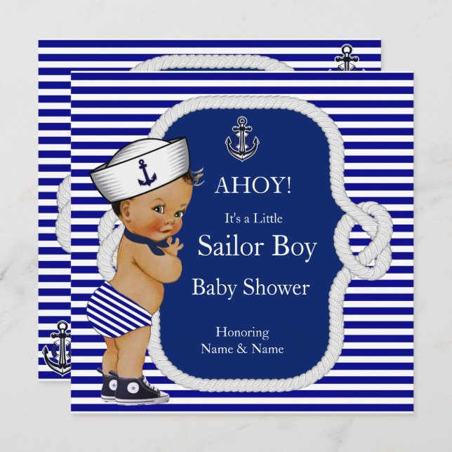 Convites Chá de fraldas Sailor Boy Blue Stripe Brunette (Frente/Verso)