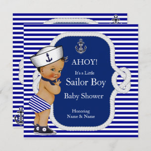 Convites Chá de fraldas Sailor Boy Blue Stripe Brunette