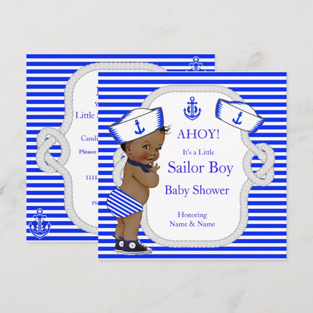 Convites Chá de fraldas Sailor Boy Royal Blue Strike Étnica (Frente/Verso)
