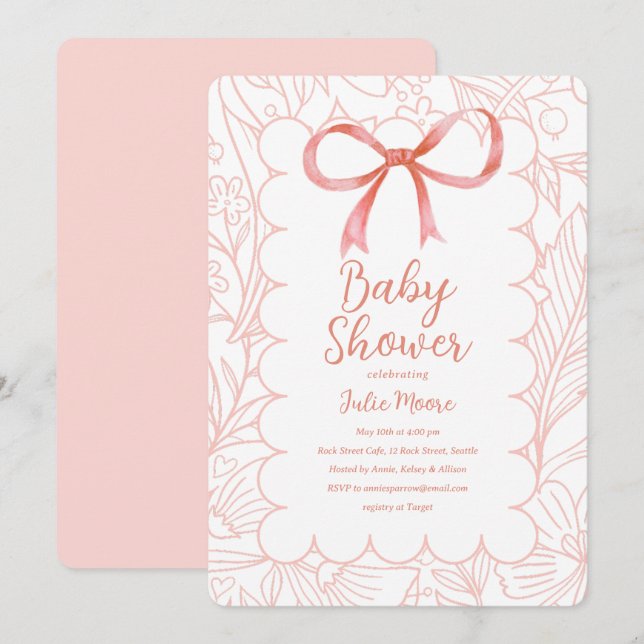Convites Chá de fraldas Scallop Rosa (Frente/Verso)