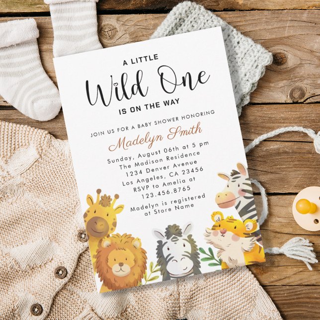Convites Chá de fraldas Selvagem de Animais Safari (Wild One Safari Animals Boy Baby Shower Invitation)