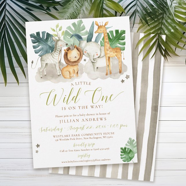 Convites Chá de fraldas Selvagem de Animais Safari (Cute Wild One watercolor jungle safari zoo animals lion crown zebra giraffe elephant boy baby shower)