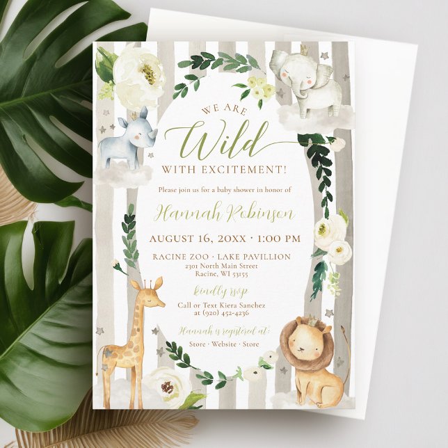 Convites Chá de fraldas Selvagem Selvagem de Animais Safari (Cute neutral green and brown watercolor safari animals wild floral wreath baby boy shower invitation)