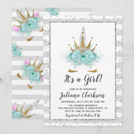Convites Chá de fraldas Silver Glitter Unicorn Princess