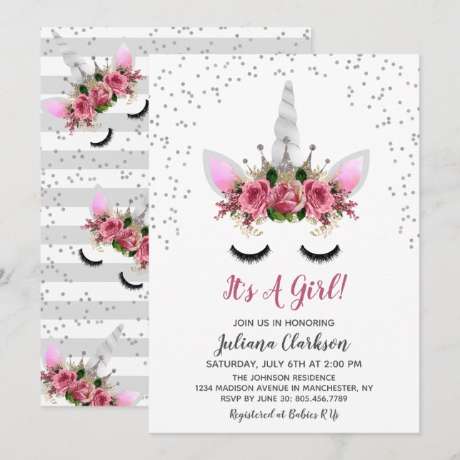 Convites Chá de fraldas Silver Glitter Unicorn Princess (Frente/Verso)