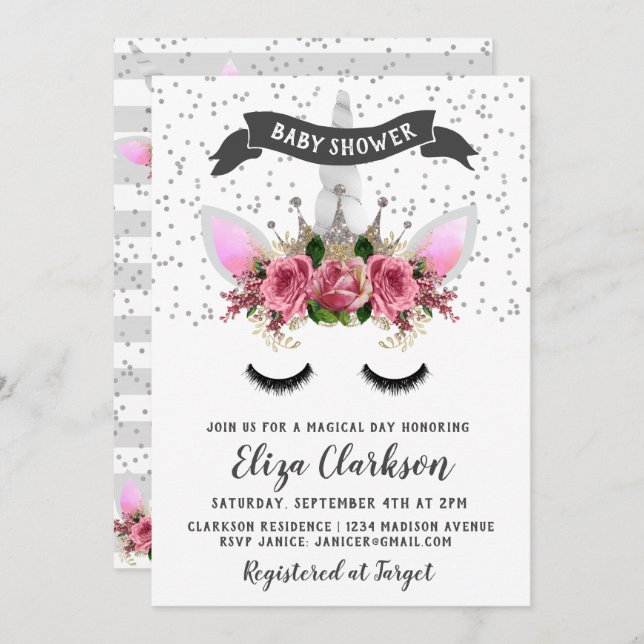 Convites Chá de fraldas Silver Glitter Unicorn Princess (Frente/Verso)