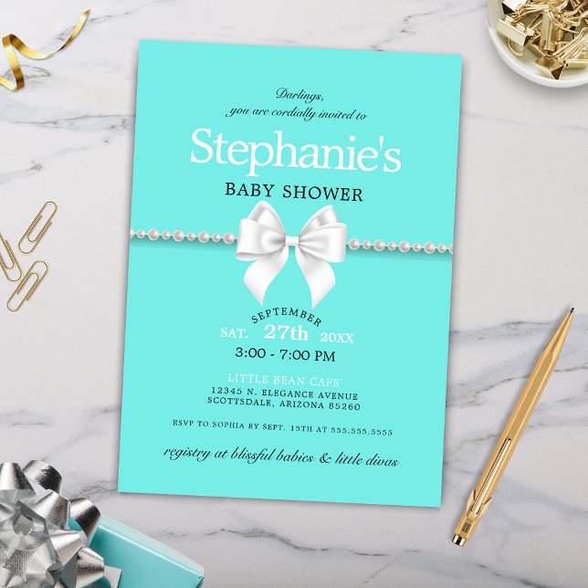 Convites Chá de fraldas Simples de Aqua Glam Tiffany (Elegant Teal Aqua Blue Girly Baby Shower Invitation with White Bow and Pearls)