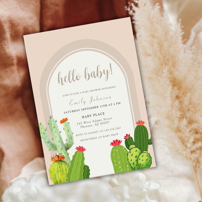 Convites Chá de fraldas Simples de Arco Neutro de Boho Cact (Simple Neutral Boho Cactus Arch Hello Baby Shower Invitation)