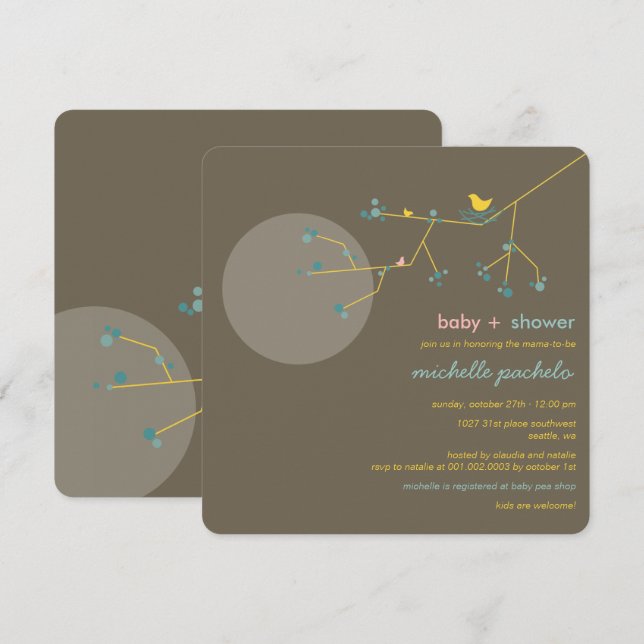 Convites Chá de fraldas Simples de Bird Family Tree (Frente/Verso)