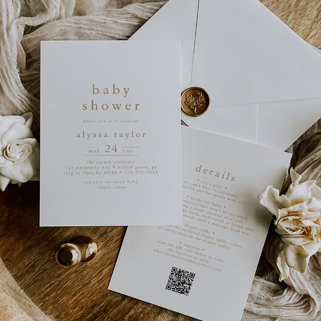Convites CHÁ DE FRALDAS Simples de Boho QR Dourado Russo AL (ALYSSA Rustic Gold Boho QR Simple Baby Shower Invitation)