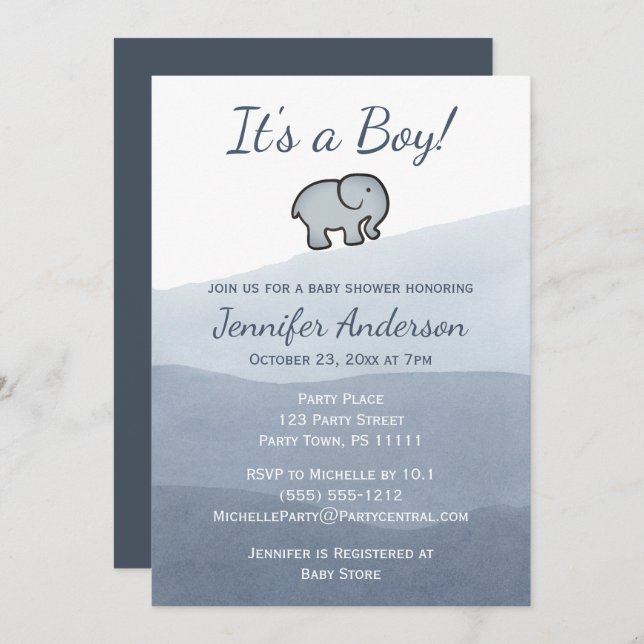 Convites Chá de fraldas Simples de Elefante Aquoso (Frente/Verso)