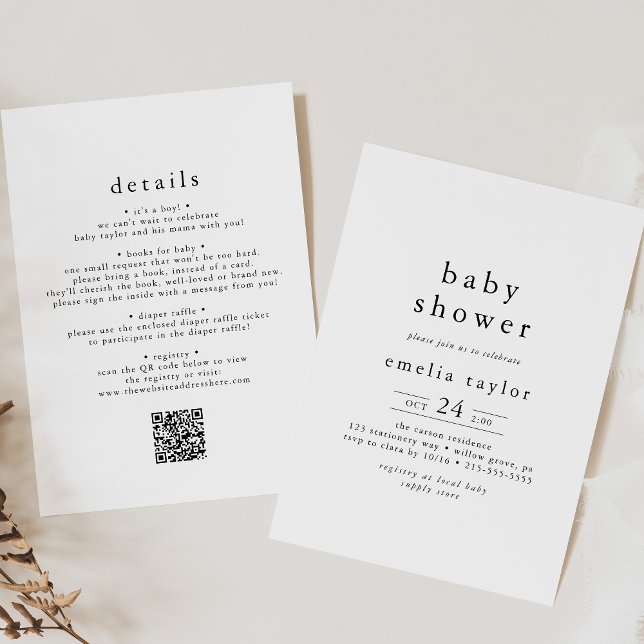 Convites CHÁ DE FRALDAS Simples de QR Minimalista Russo EME (EMELIA Rustic Minimalist QR Simple Baby Shower Invitation)