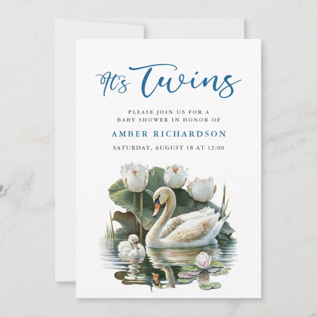 Convites Chá de fraldas Simples Swan Swan Script Azul Elega (Frente)