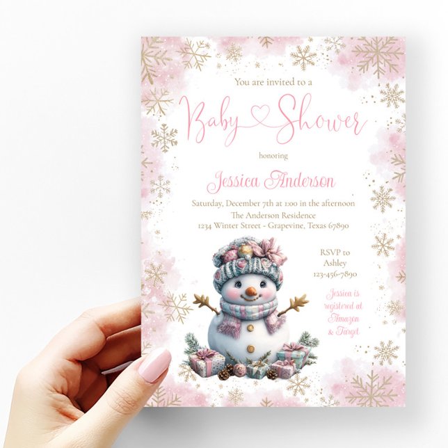 Convites Chá de fraldas Snowflake Dourado rosa Snowman (Girl snowman baby shower invitation with pretty pink and gold snowflakes.)