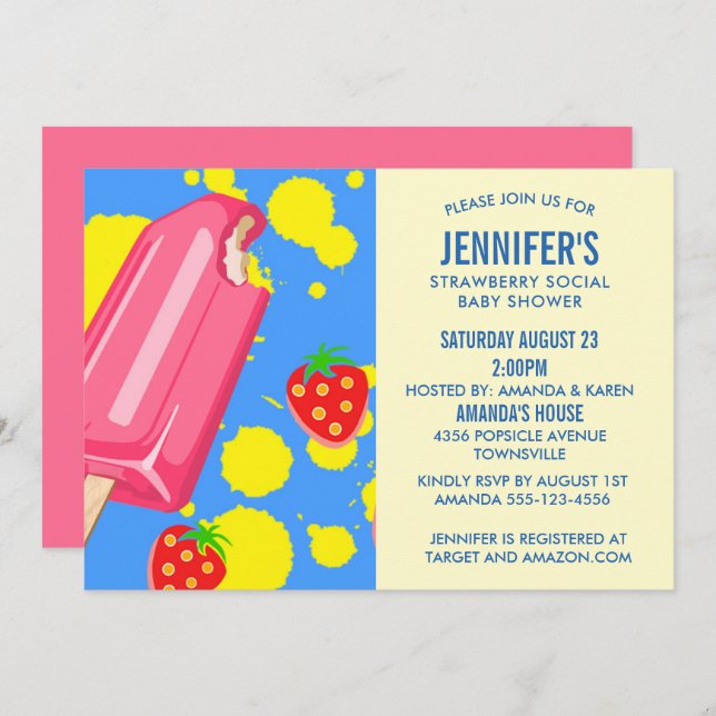 Convites Chá de fraldas Social de Morango Rosa (Frente/Verso)