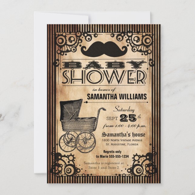 Convites Chá de fraldas Steampunk Vintage Look Boy (Frente)