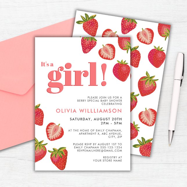 Convites Chá de fraldas Strawberry Girls (Strawberry baby shower invitation. Customize with your own details.)
