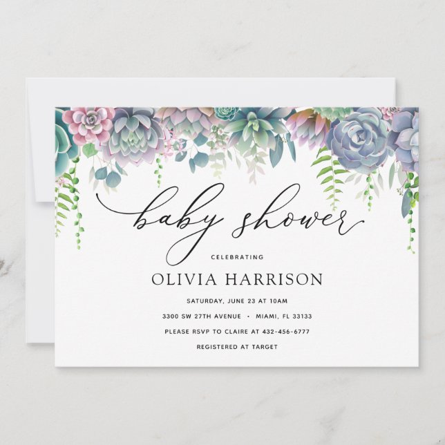 Convites Chá de fraldas Suculento Roxo e Verde (Frente)