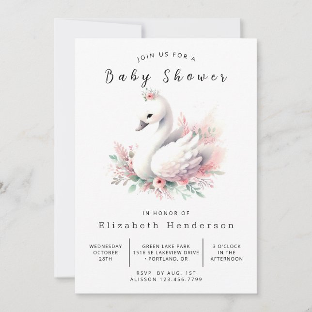 Convites Chá de fraldas Swan Editável Chic (Frente)