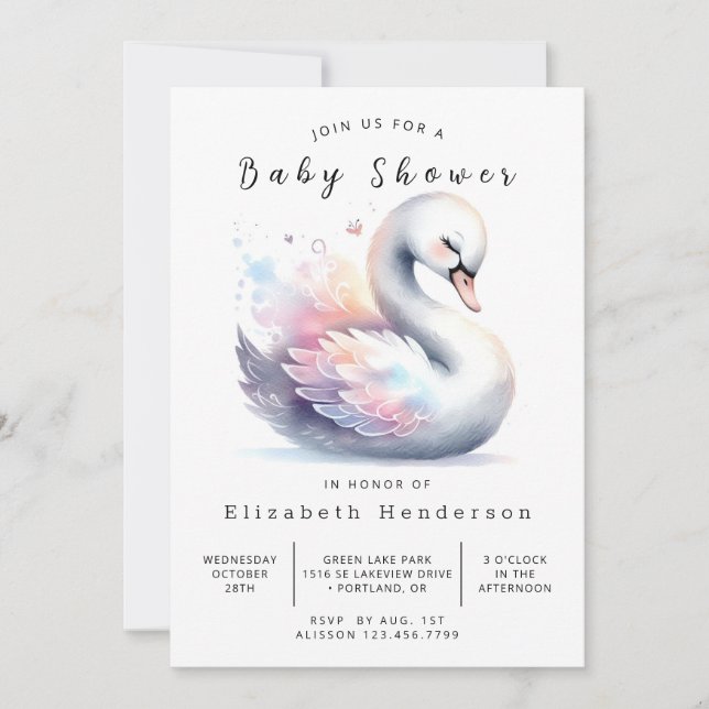 Convites Chá de fraldas Swan Imprimível Whimsy (Frente)