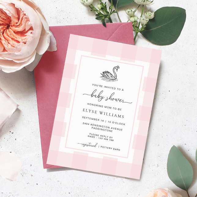 Convites Chá de fraldas Swan Pink Gingham (Swan Baby Shower Invitation Pink Gingham)