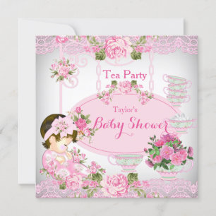 Convites Chá de fraldas Tea Party Vintage Lace Pink Floral 