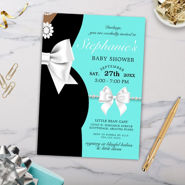 Convites Chá de fraldas Tema da Tiffany Étnica Azul-Teal El (Latina Hispanic Baby Shower Invitation with Medium Brown Skin Tones for Tiffany Baby Shower Theme)